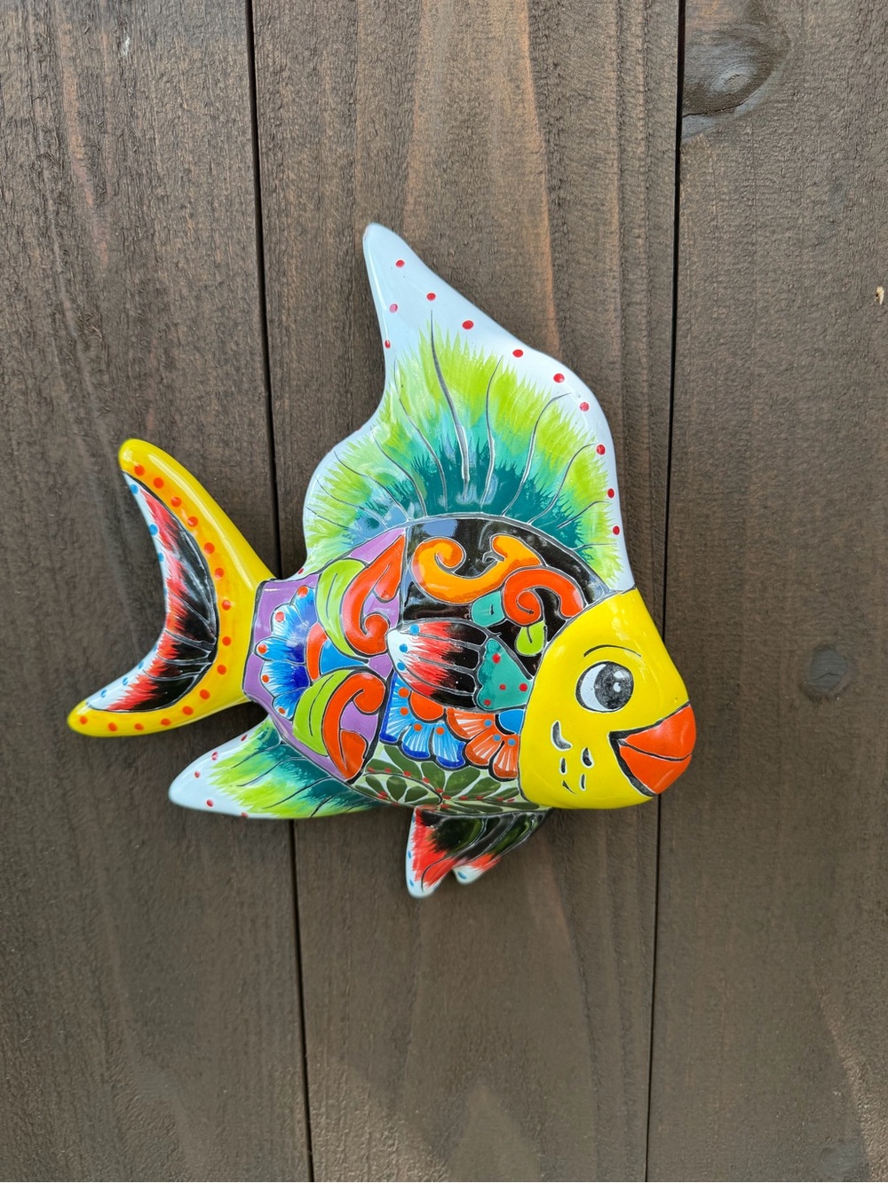 Hand-Painted Colorful Talavera Fish Wall Decor - Yellow Accent